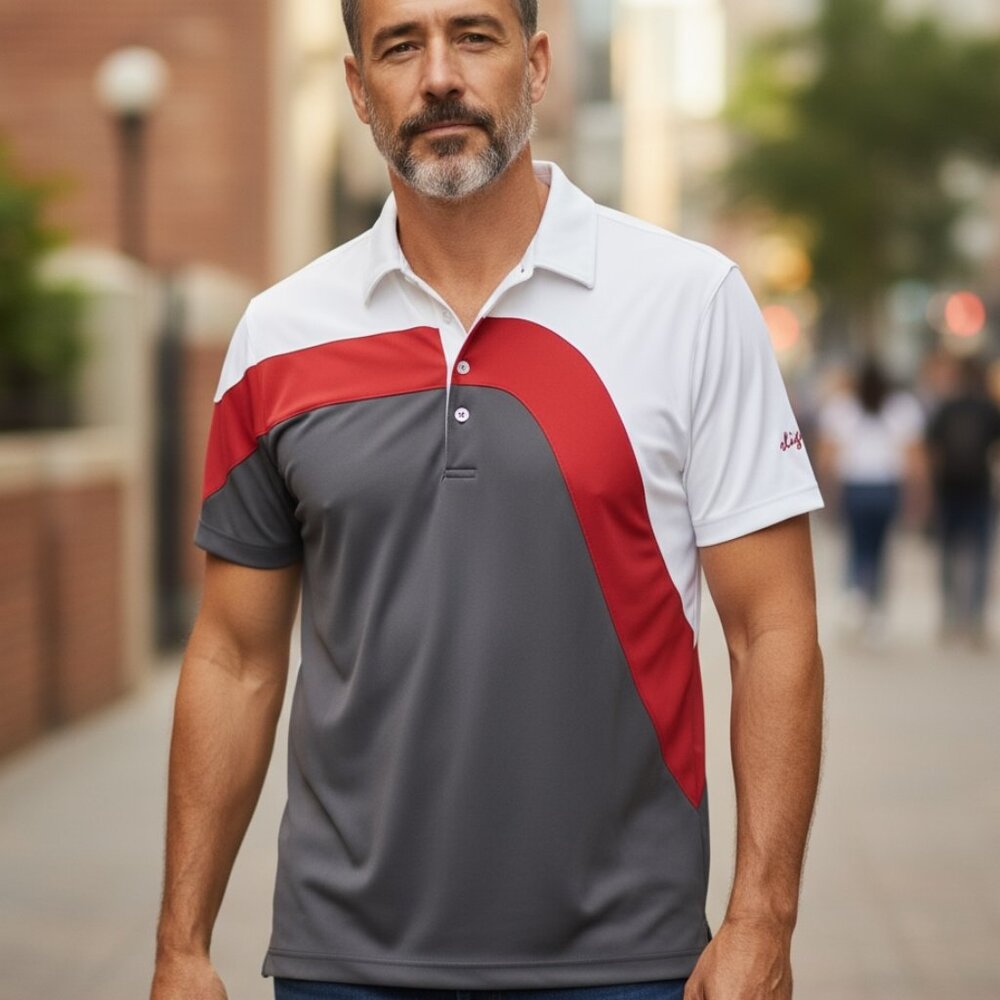 Sligo Men Golf Polo Shirt Red White and Gray Short Sleeves Collar size Medium